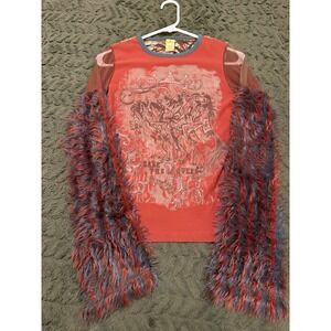 Rare Save The Queen Top W/ Horses archival Y2K Top Fake Fur Sleeves Size Small